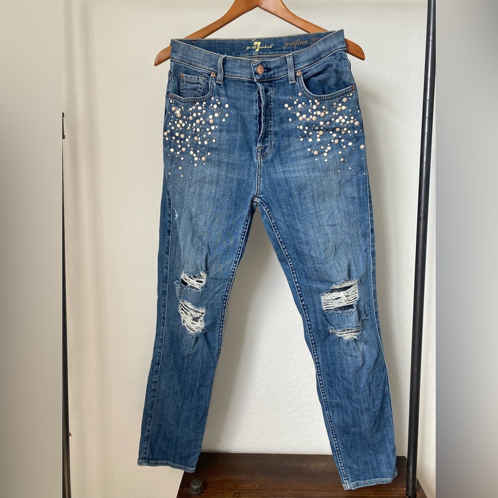 7 For All Mankind Blue Distressed Cropped Jeans